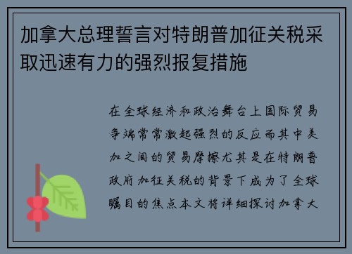 加拿大总理誓言对特朗普加征关税采取迅速有力的强烈报复措施