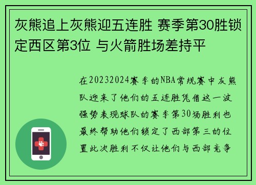 灰熊追上灰熊迎五连胜 赛季第30胜锁定西区第3位 与火箭胜场差持平